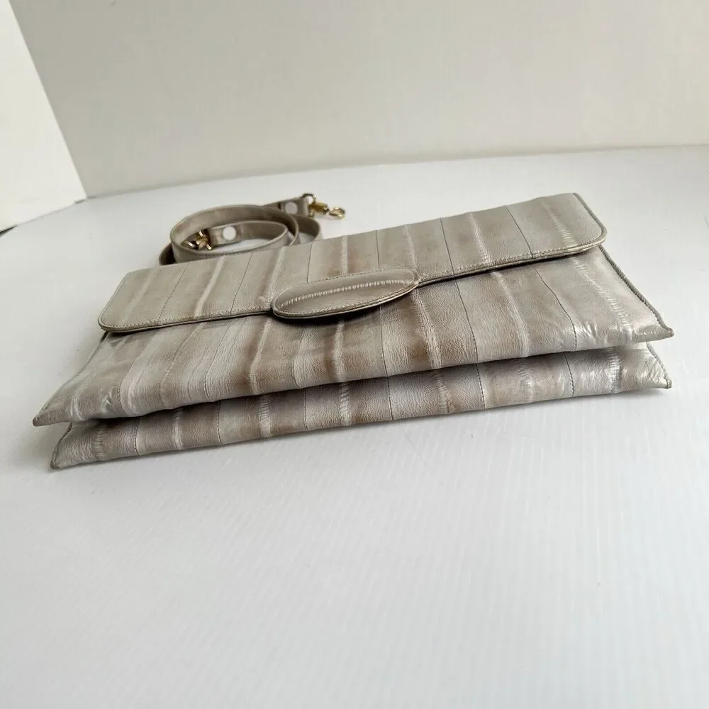 Vintage Shoulder Bag Clutch Genuine Eel Skin Leather Gray Soft Smooth 80’s